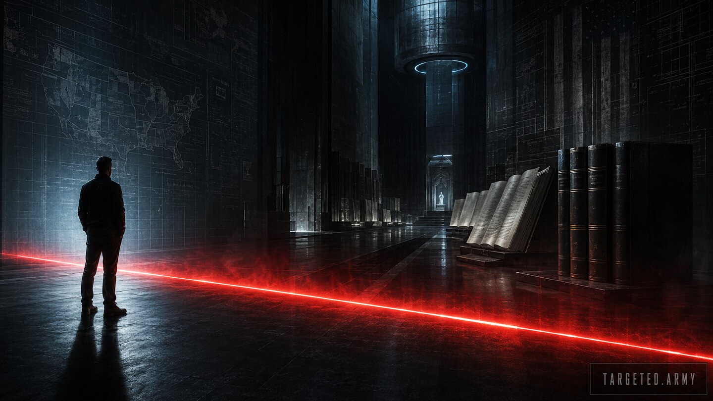 Luminous legal boundary protecting a person from a dark interrogation structure while treaty pages and federal statutes stand behind the line