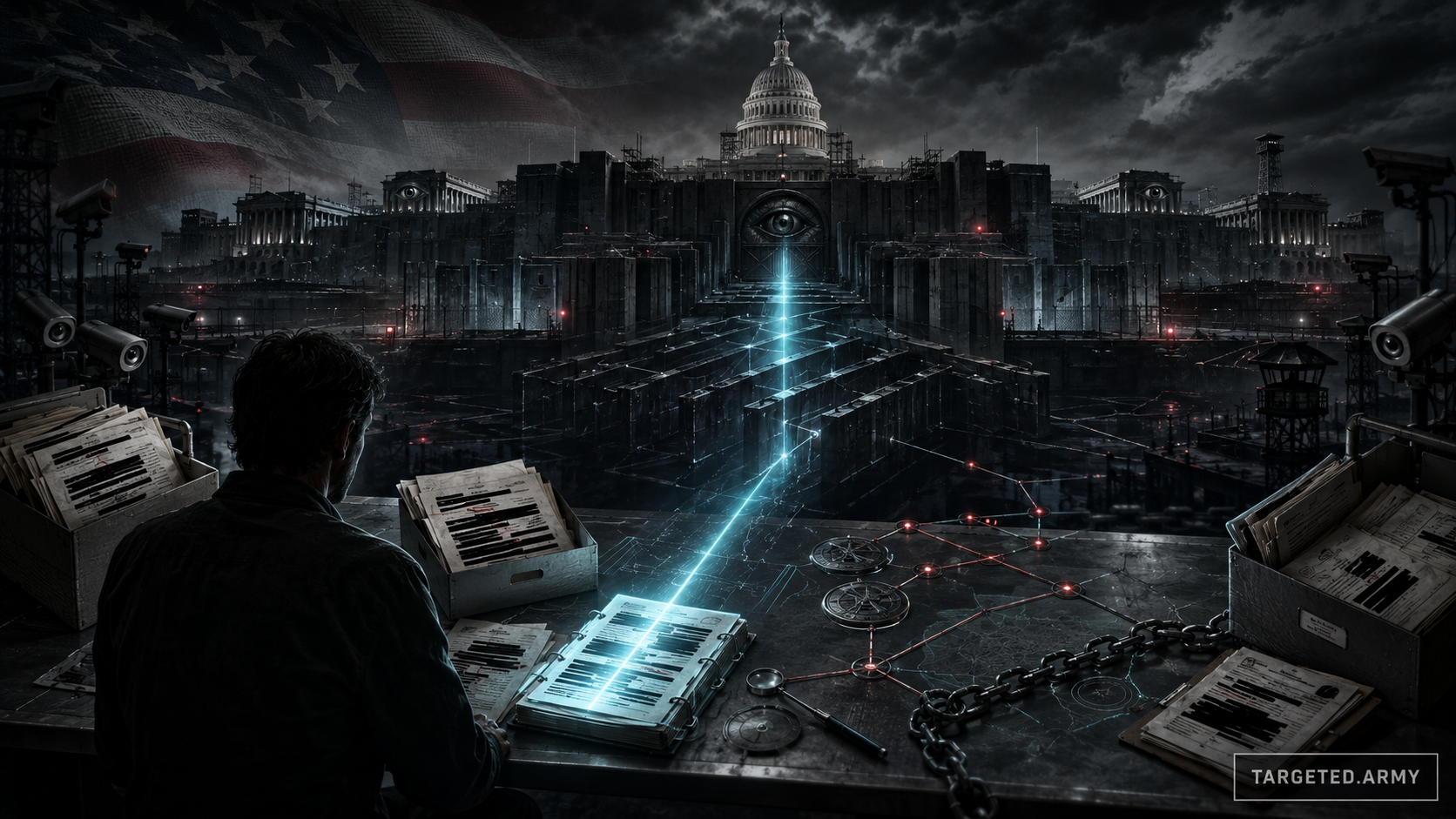 A citizen investigator faces a sealed federal archive through layers of public records, oversight systems, government buildings, and evidence chains