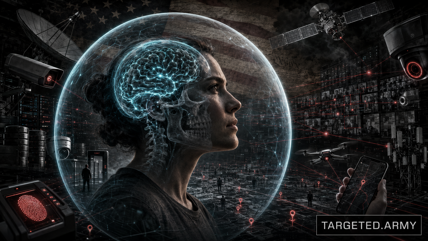 A human skull and brain protected inside a transparent shield while surveillance towers, data systems, government files, and satellites press against the boundary