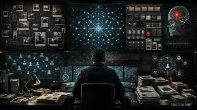 A civilian investigator inside a dark TARGETED.ARMY command center surrounded by evidence, archives, network maps, records requests, and community systems