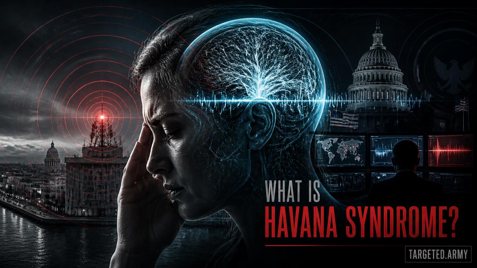 A cinematic TARGETED.ARMY editorial illustration representing the question: What is Havana Syndrome?