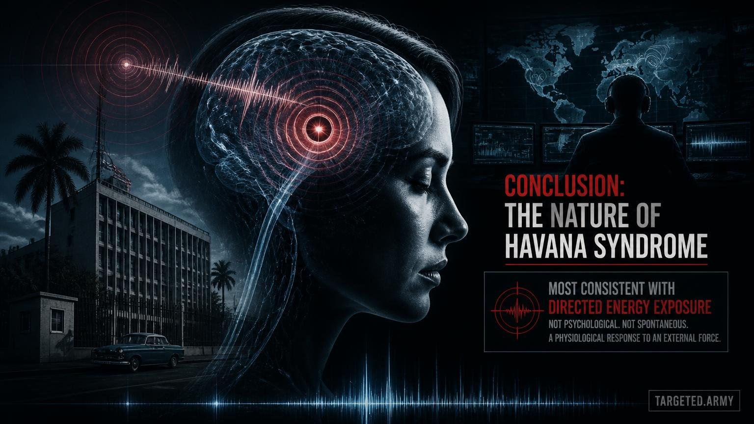 A cinematic TARGETED.ARMY editorial illustration representing the question: What is the conclusion about the nature of Havana Syndrome?