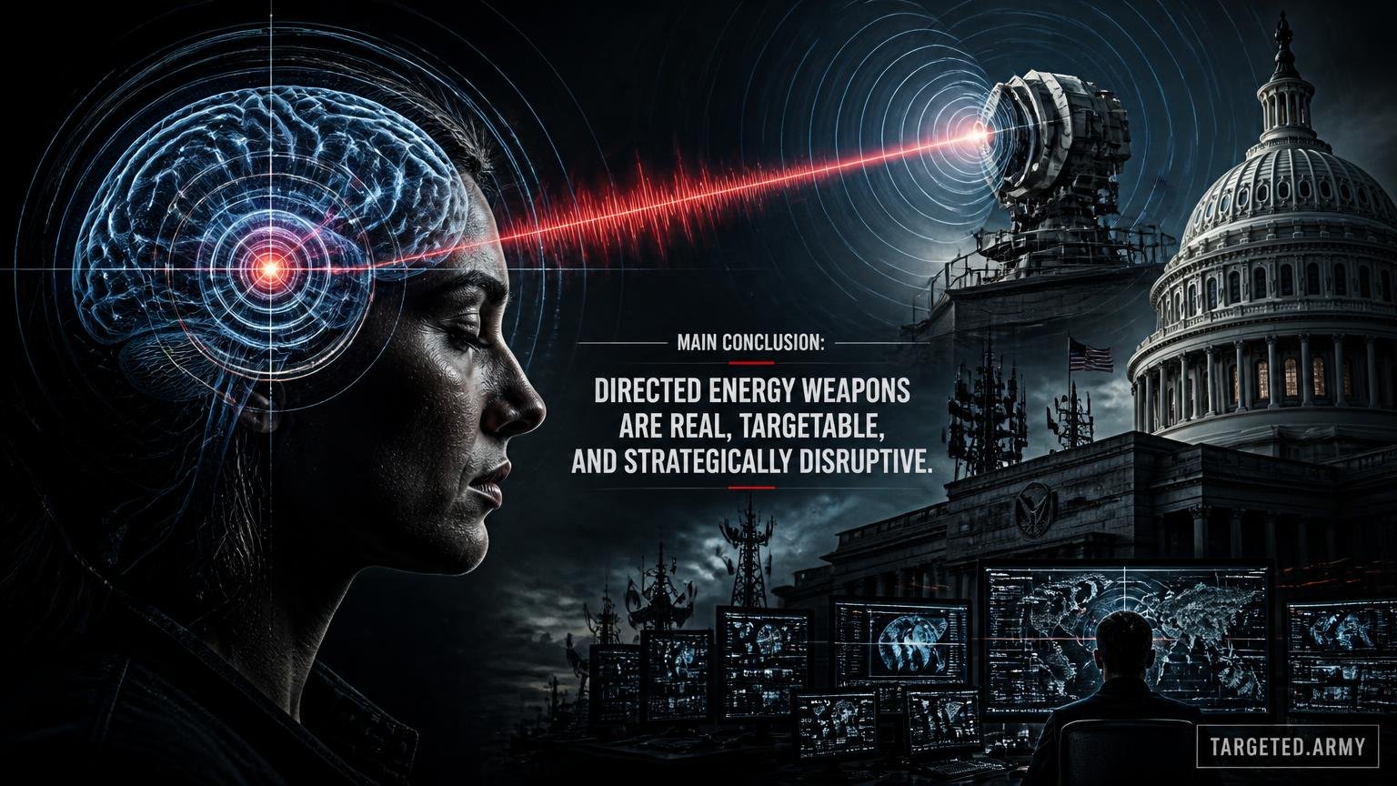 A cinematic TARGETED.ARMY editorial illustration representing the question: What is the main conclusion about Directed Energy Weapons?