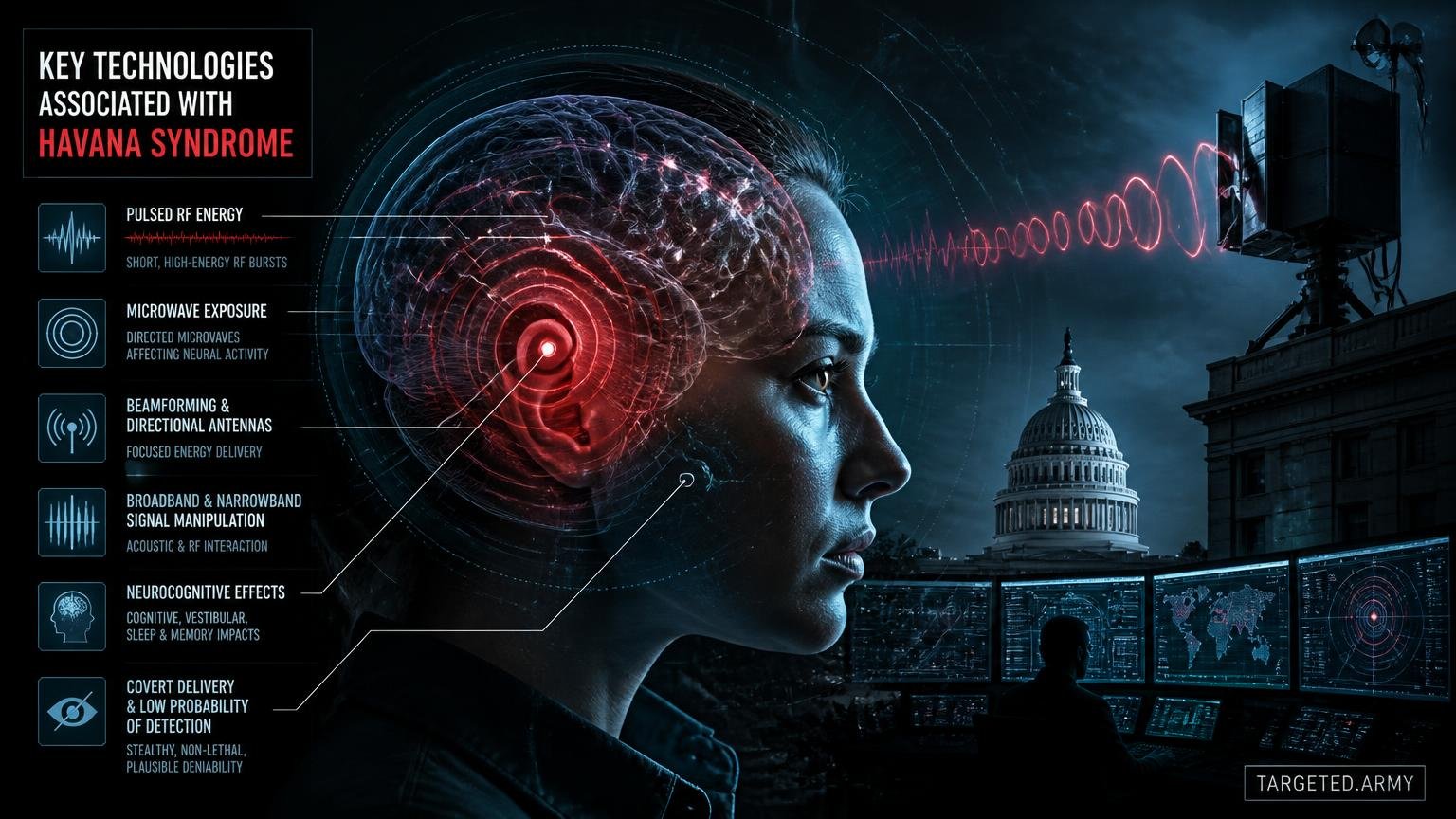 A cinematic TARGETED.ARMY editorial illustration representing the question: What are the key technologies associated with Havana Syndrome?