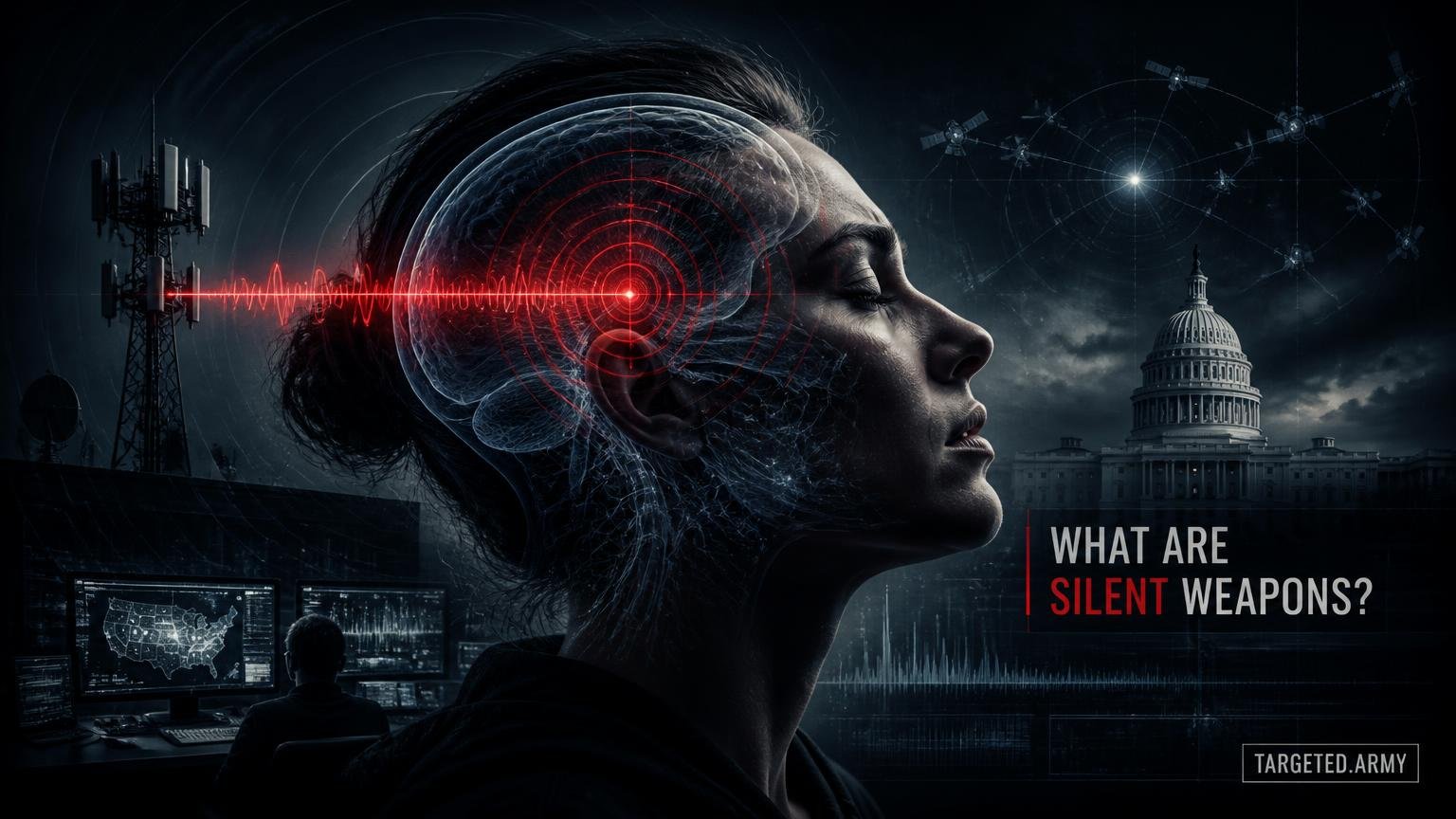 A cinematic TARGETED.ARMY editorial illustration representing the question: What are silent weapons?