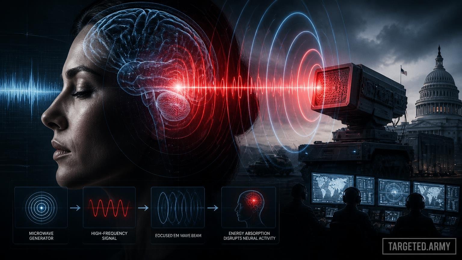 A cinematic TARGETED.ARMY editorial illustration representing the question: How do microwave weapons work?