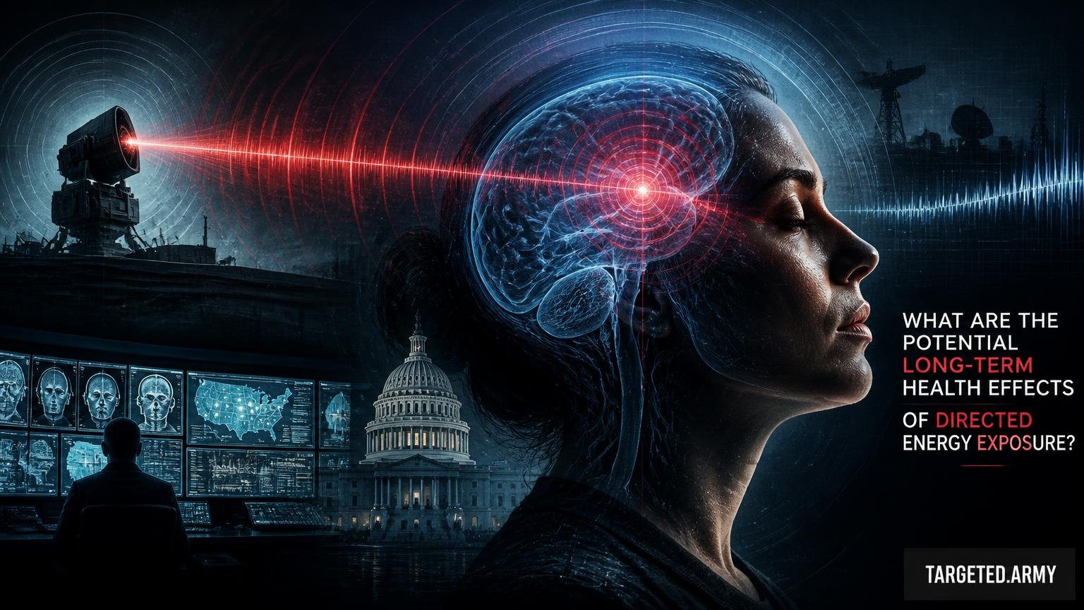 A cinematic TARGETED.ARMY editorial illustration representing the question: What are the potential long-term health effects of directed energy exposure?