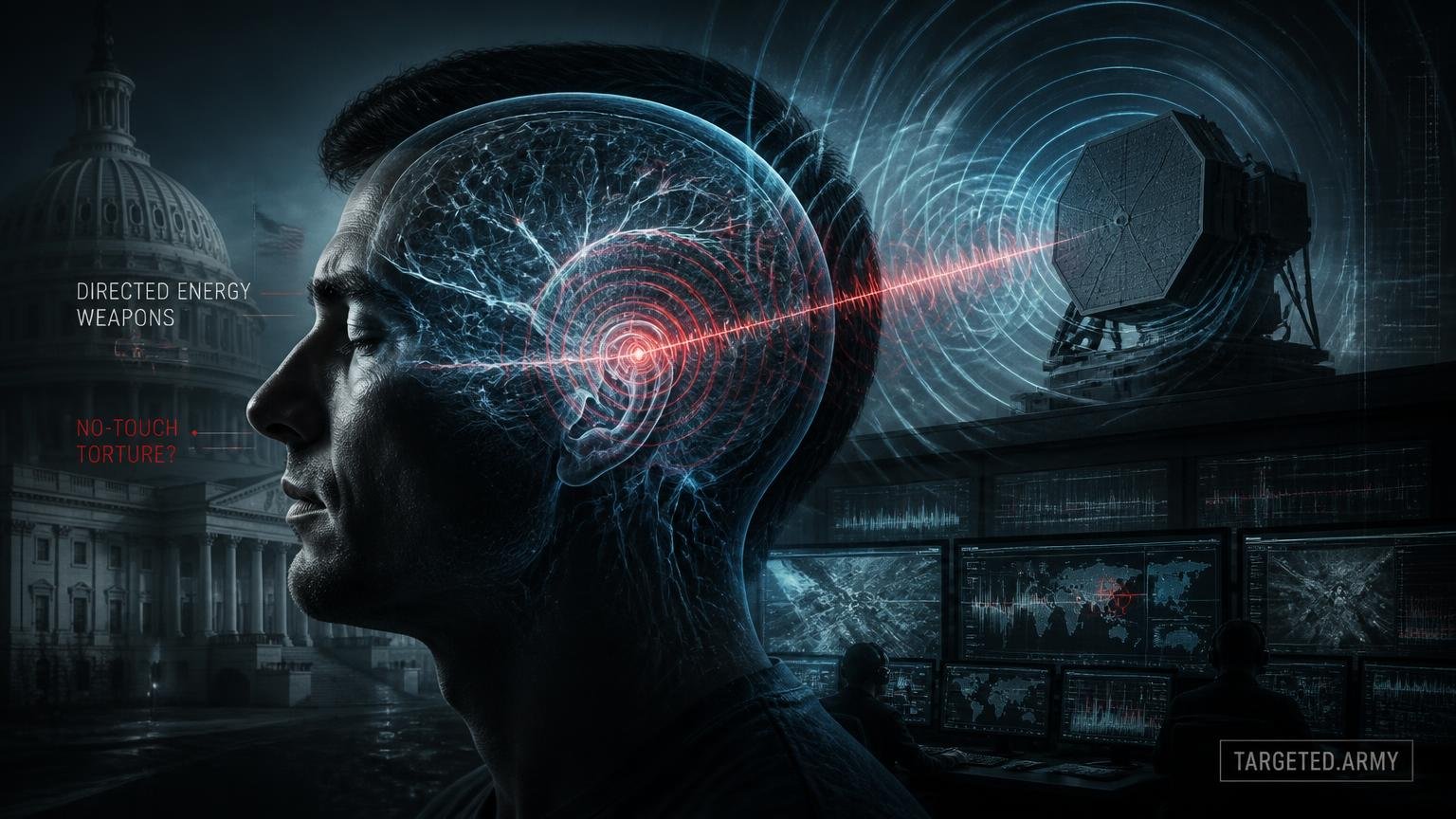 A cinematic TARGETED.ARMY editorial illustration representing the question: What is the relationship between Directed Energy Weapons and the concept of 'no-touch torture'?