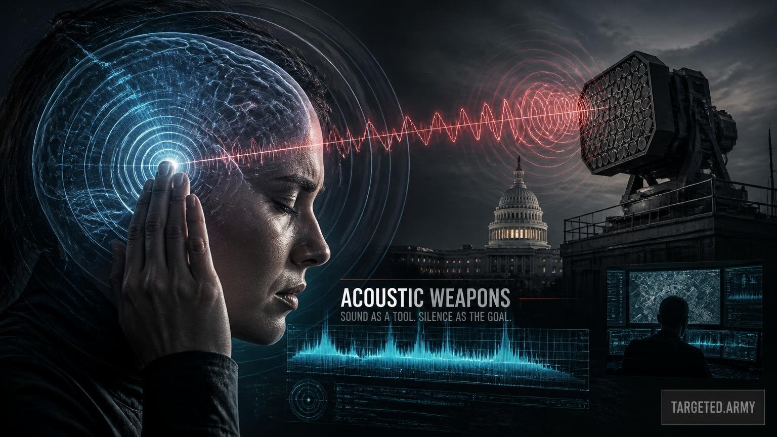 A cinematic TARGETED.ARMY editorial illustration representing the question: What are acoustic weapons and how are they used?