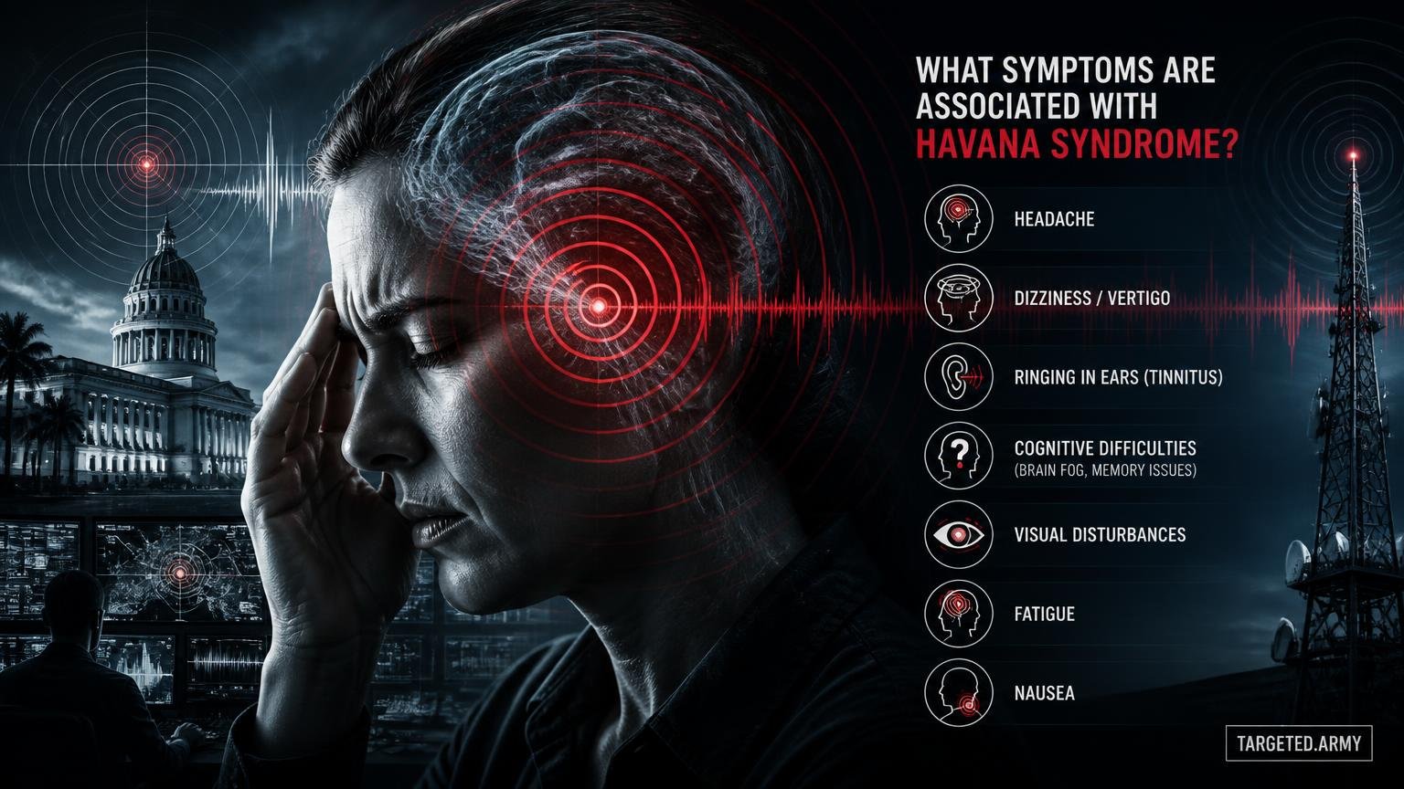 A cinematic TARGETED.ARMY editorial illustration representing the question: What symptoms are associated with Havana Syndrome?