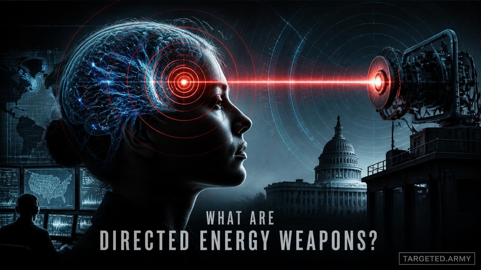 A cinematic TARGETED.ARMY editorial illustration representing the question: What are Directed Energy Weapons?