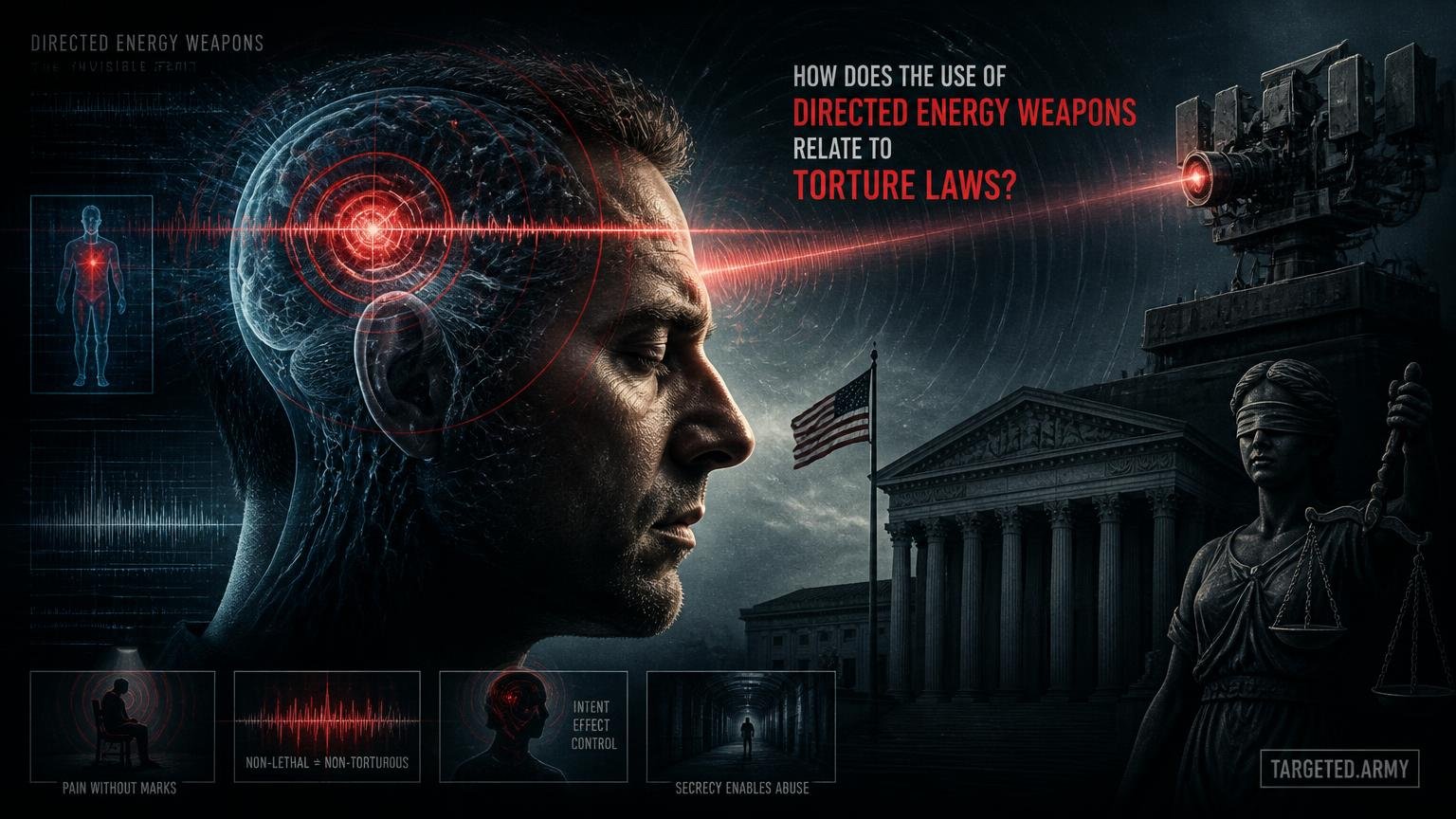 A cinematic TARGETED.ARMY editorial illustration representing the question: How does the use of Directed Energy Weapons relate to torture laws?