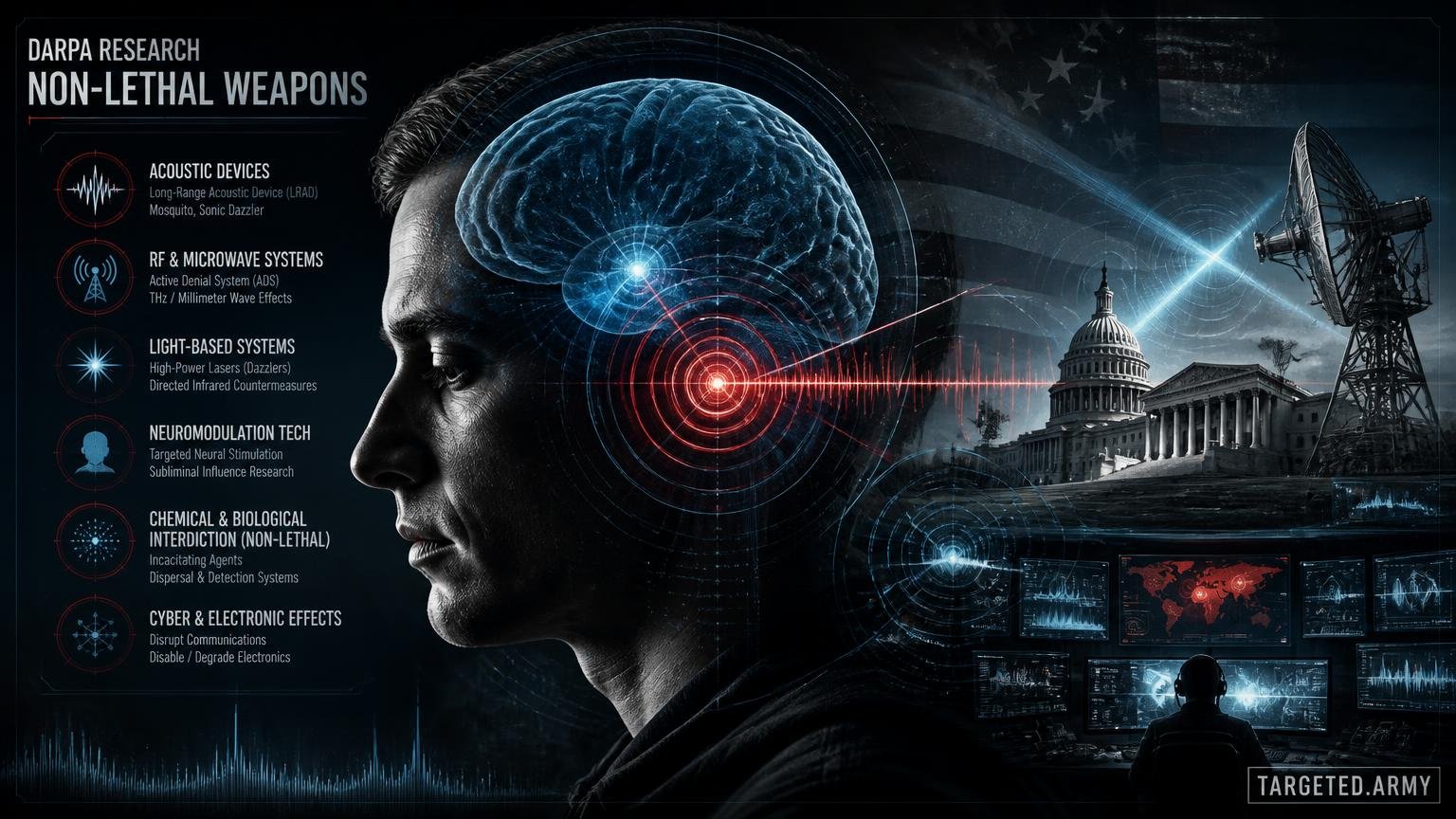 A cinematic TARGETED.ARMY editorial illustration representing the question: What types of non-lethal weapons has DARPA worked on?