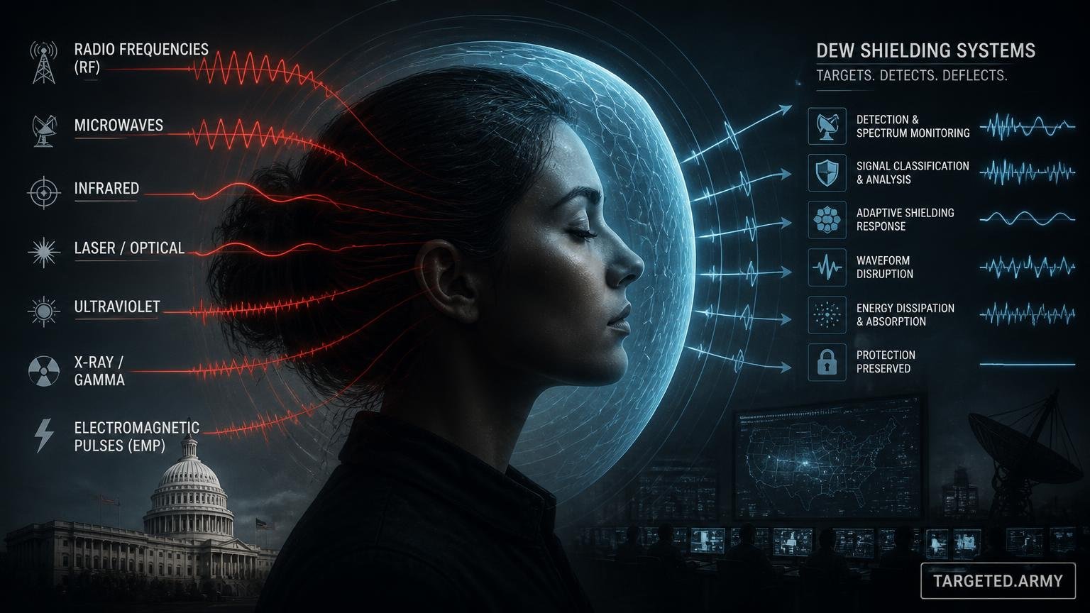 A cinematic TARGETED.ARMY editorial illustration representing the question: What types of radiation and signals are targeted by DEW shielding systems?