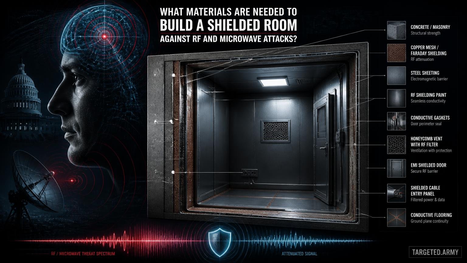 A cinematic TARGETED.ARMY editorial illustration representing the question: What materials are needed to build a shielded room against RF and microwave attacks?