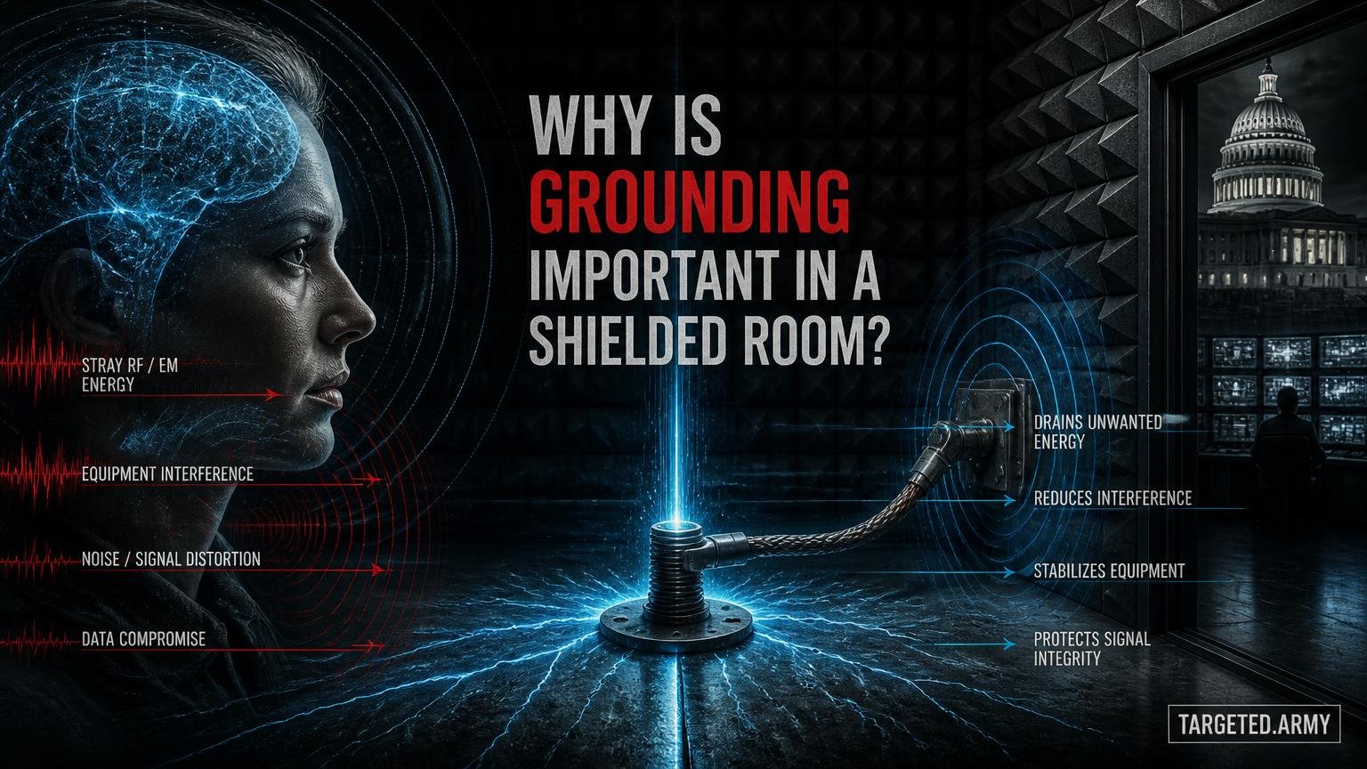 A cinematic TARGETED.ARMY editorial illustration representing the question: Why is grounding important in a shielded room?