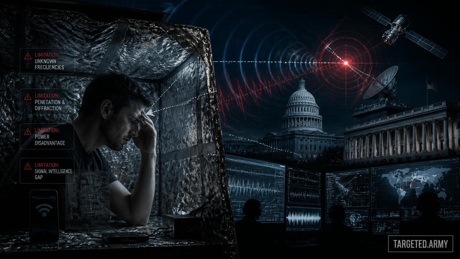 A cinematic TARGETED.ARMY editorial illustration representing the question: What are the real-world limitations of DIY shielding against classified technologies?