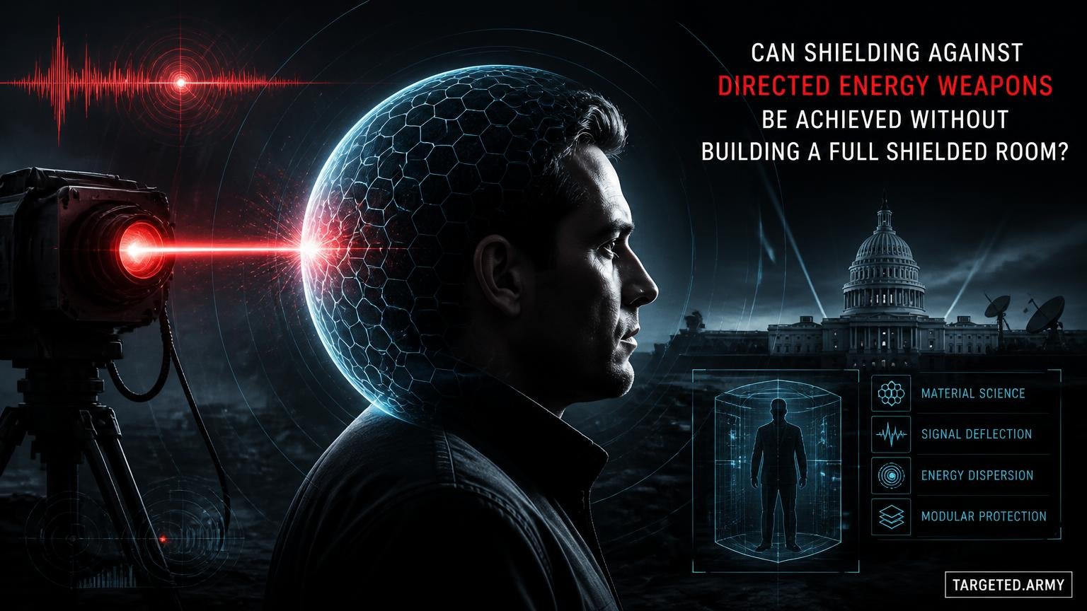 A cinematic TARGETED.ARMY editorial illustration representing the question: Can shielding against directed energy weapons be achieved without building a full shielded room?
