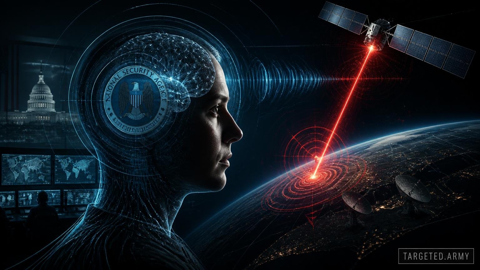 A cinematic neural profile beside a satellite and ground signal target representing questions about directed-energy and satellite systems