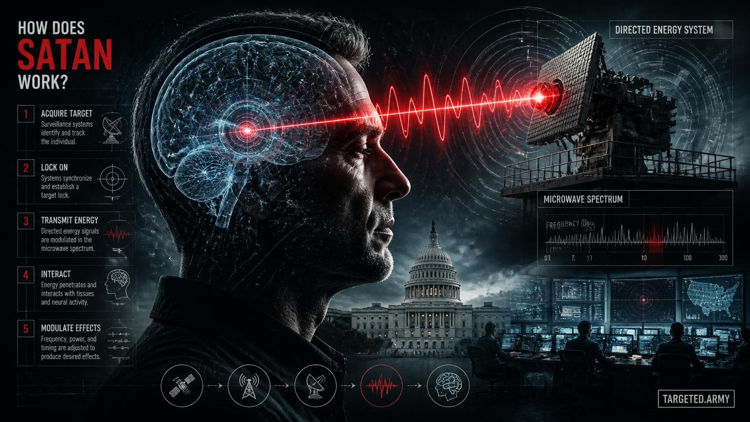 A cinematic TARGETED.ARMY editorial illustration representing the question: How does SATAN work?