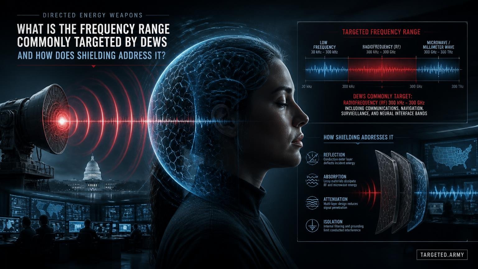 A cinematic TARGETED.ARMY editorial illustration representing the question: What is the frequency range commonly targeted by DEWs and how does shielding address it?