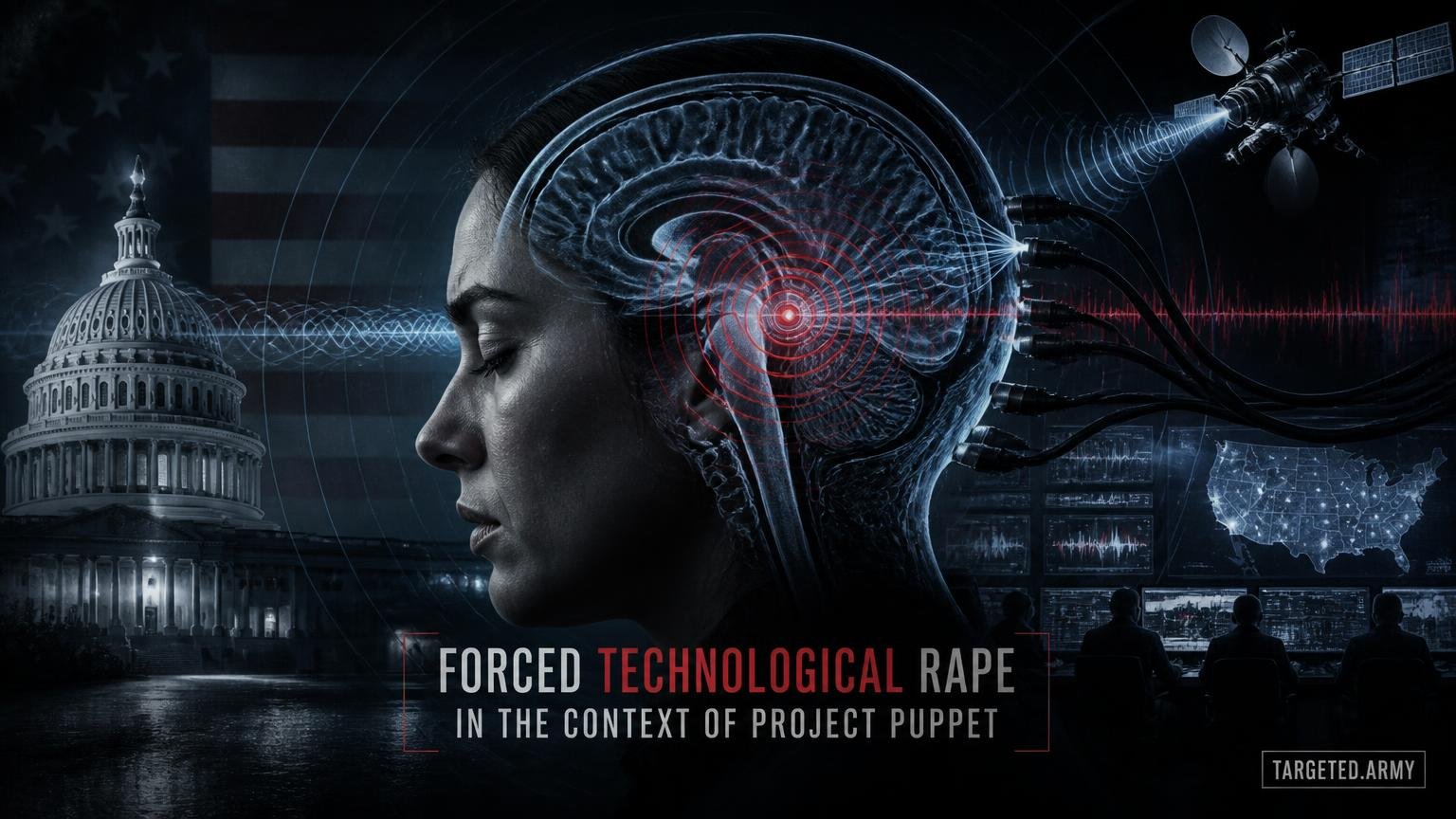 A cinematic TARGETED.ARMY editorial illustration representing the question: What is forced technological rape in the context of Project Puppet?