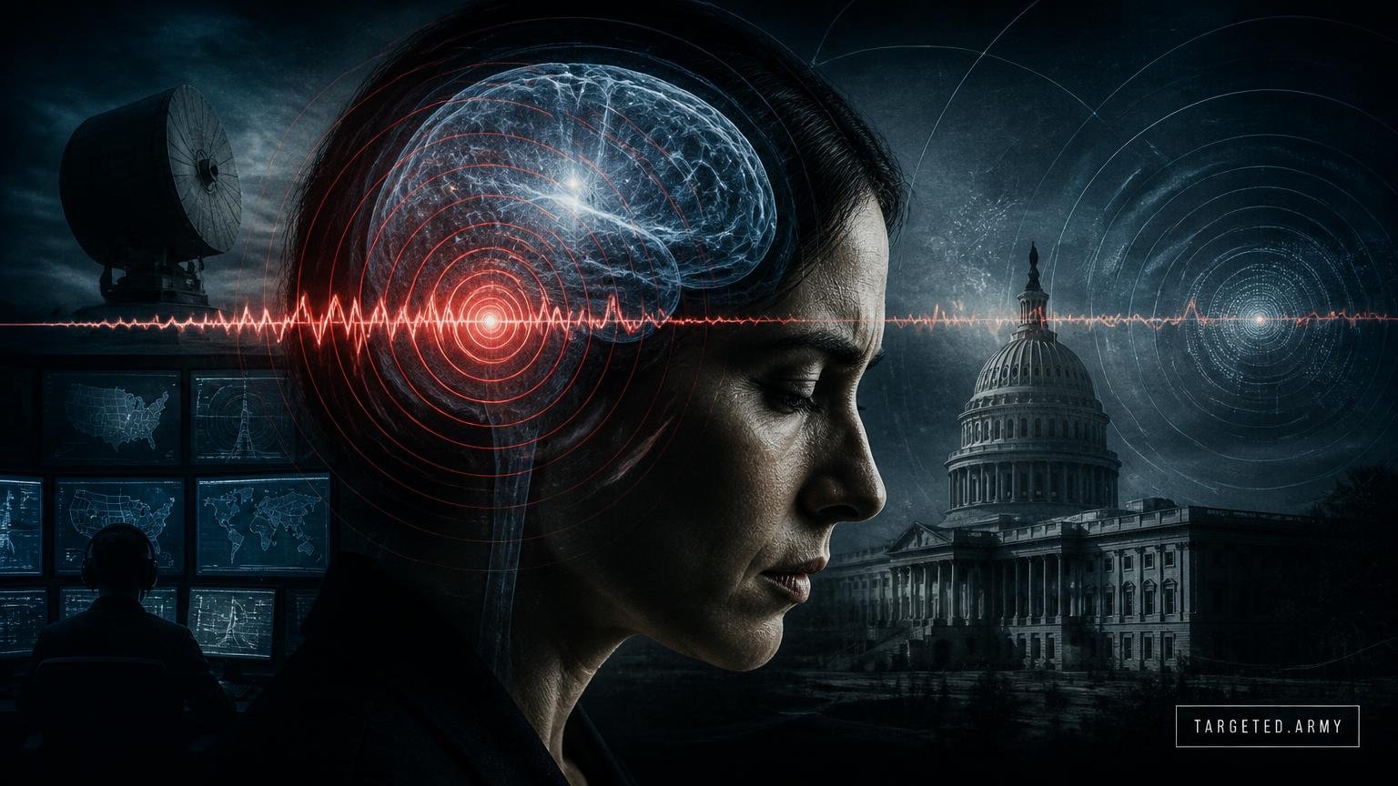 A cinematic TARGETED.ARMY editorial illustration representing the question: What are neuro-weapons and how are they used in silent warfare?
