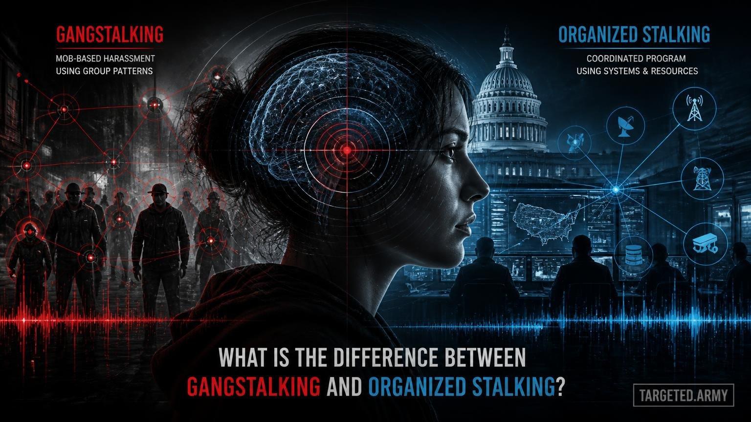 A cinematic TARGETED.ARMY editorial illustration representing the question: What is the difference between gangstalking and organized stalking?