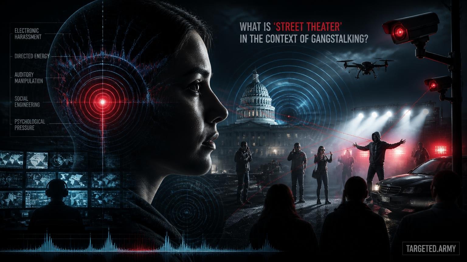A cinematic TARGETED.ARMY editorial illustration representing the question: What is 'street theater' in the context of gangstalking?