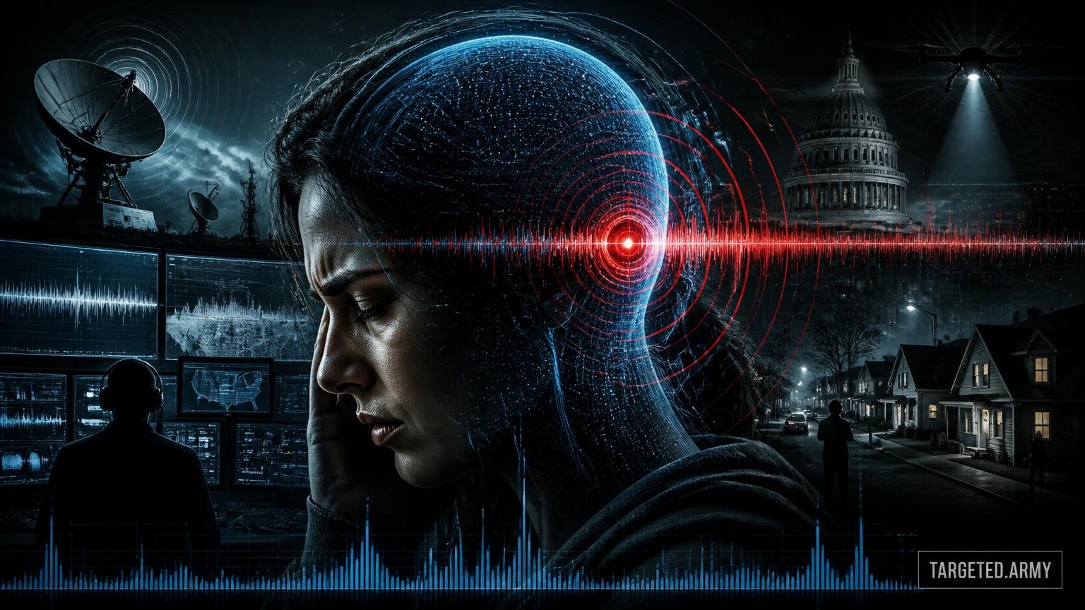 A cinematic TARGETED.ARMY editorial illustration representing the question: What are 'noise campaigns' in the context of gangstalking?