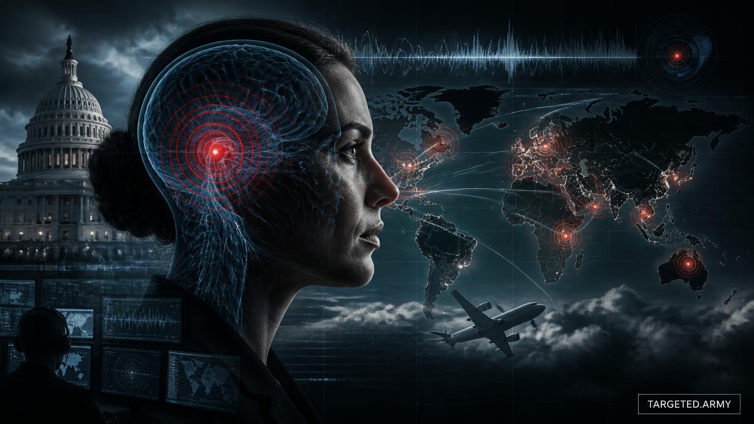 A cinematic TARGETED.ARMY editorial illustration representing the question: Have cases of Havana Syndrome been reported outside of Cuba?