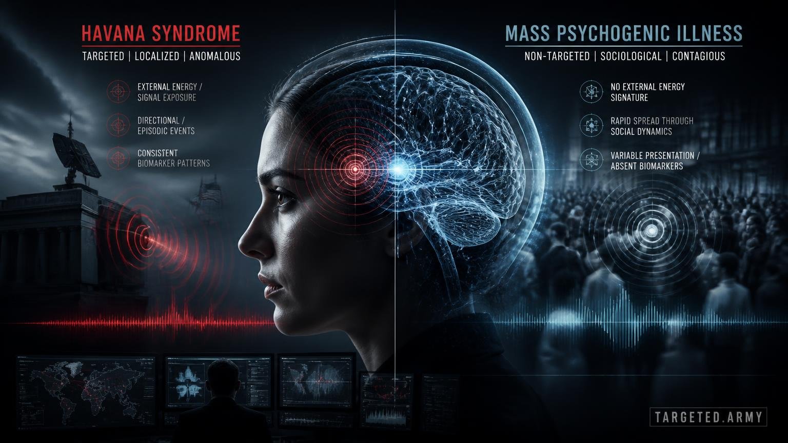 A cinematic TARGETED.ARMY editorial illustration representing the question: What is the difference between Havana Syndrome and other forms of mass psychogenic illness?