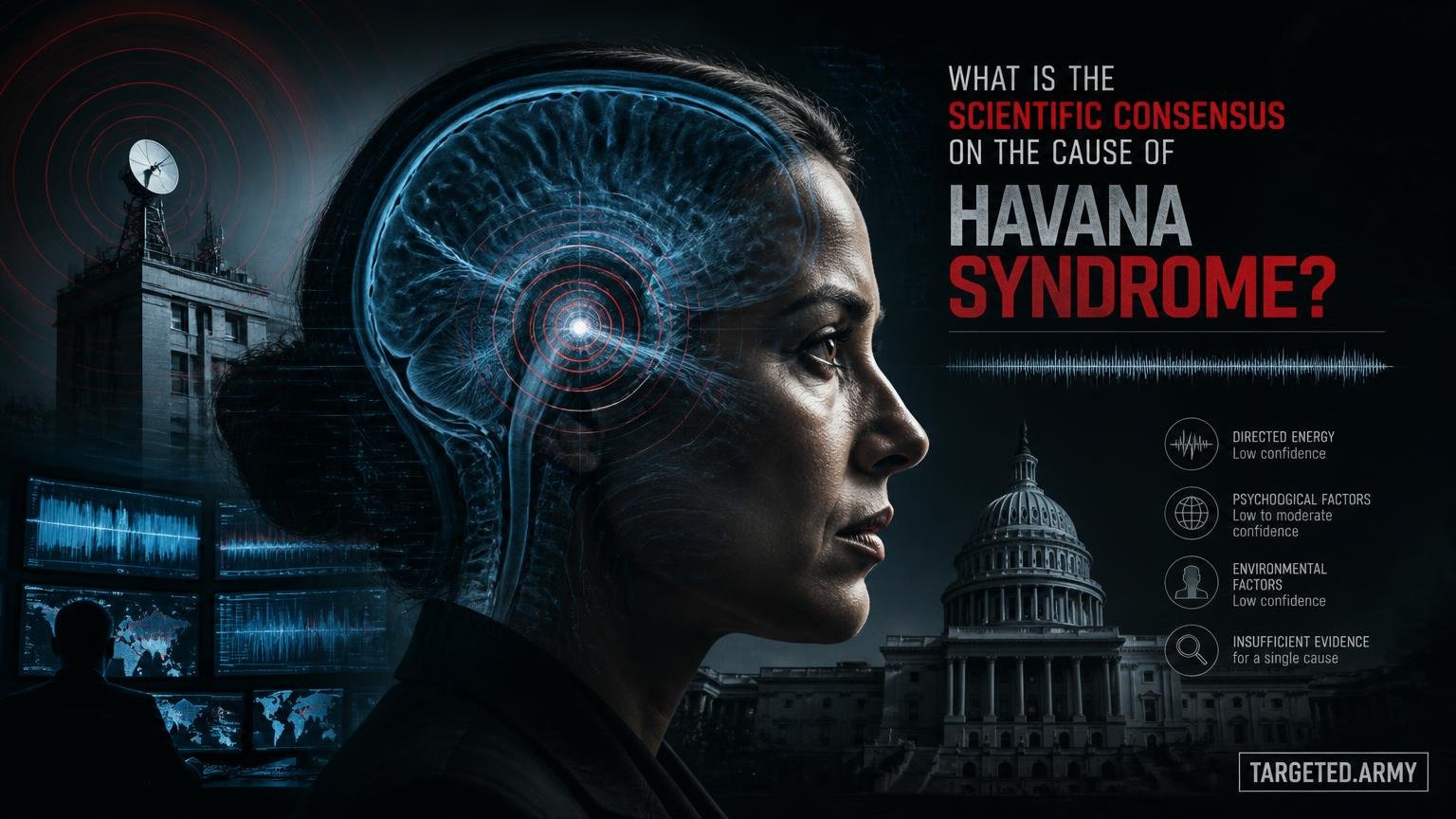 A cinematic TARGETED.ARMY editorial illustration representing the question: What is the scientific consensus on the cause of Havana Syndrome?
