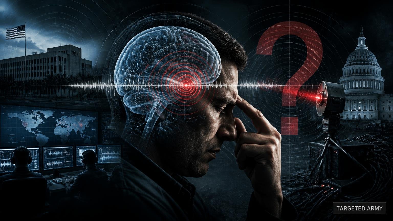 A cinematic TARGETED.ARMY editorial illustration representing the question: What are the challenges in proving Havana Syndrome is caused by a directed energy weapon?