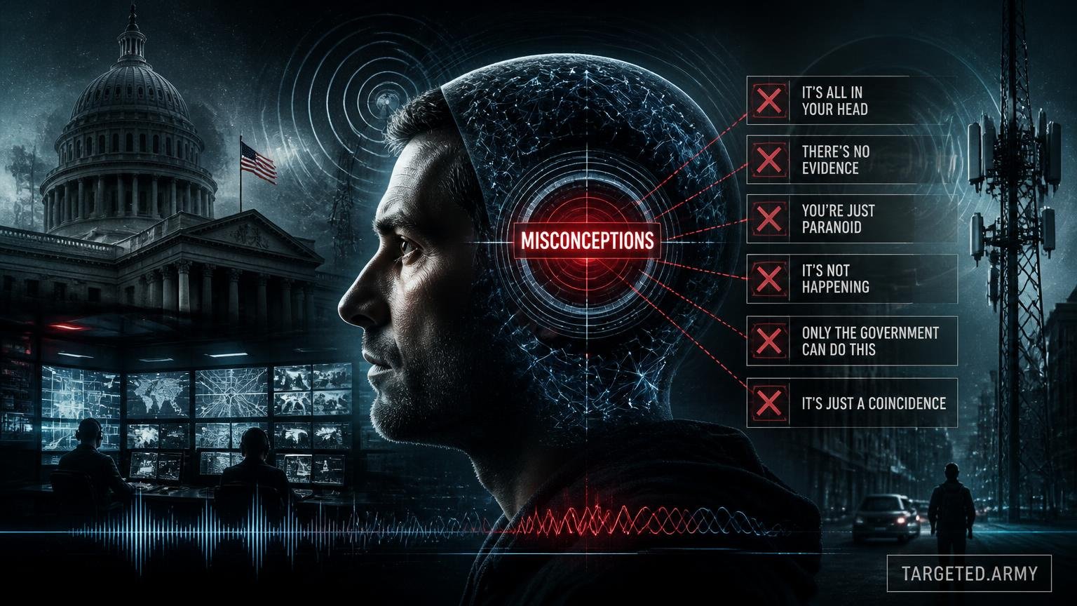 A cinematic TARGETED.ARMY editorial illustration representing the question: What are some common misconceptions about gangstalking?