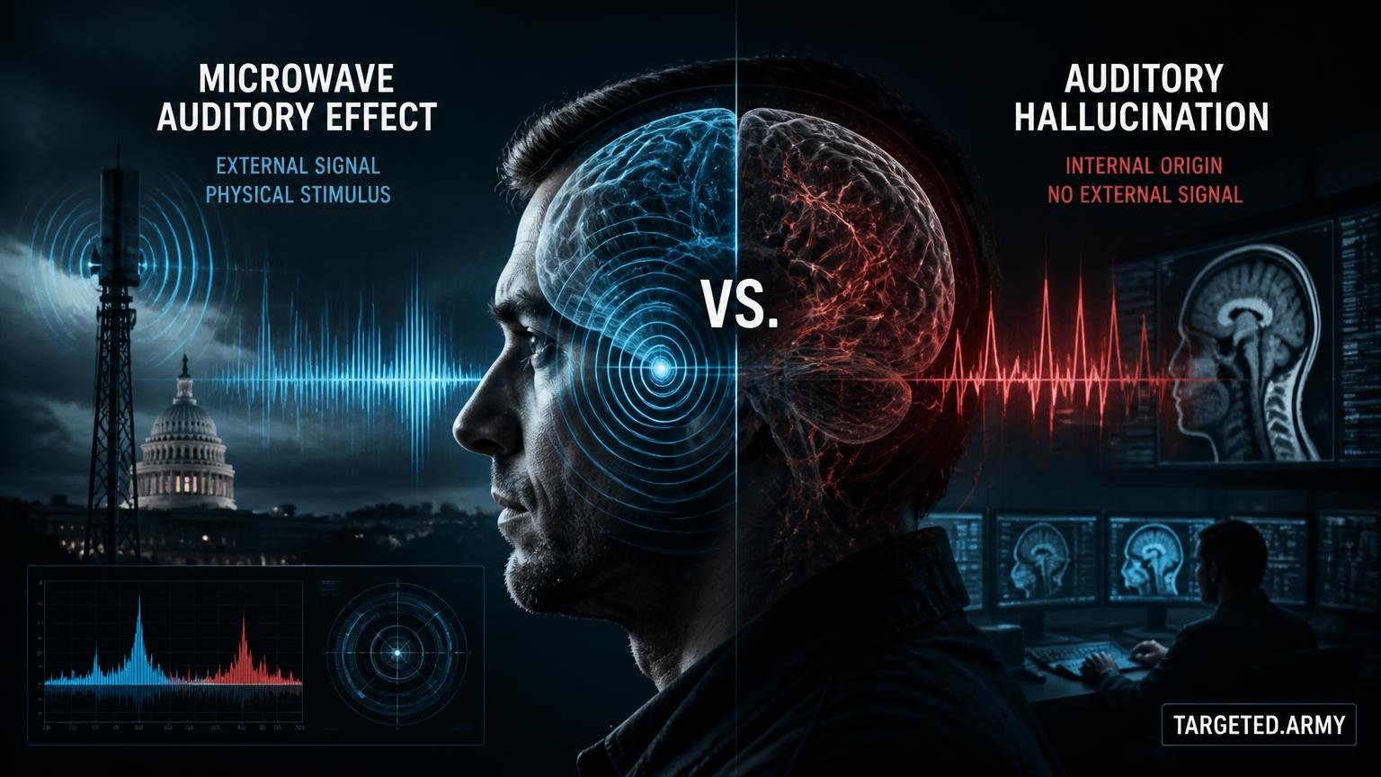 A cinematic TARGETED.ARMY editorial illustration representing the question: Is there a difference between the microwave auditory effect and the concept of an auditory hallucination?