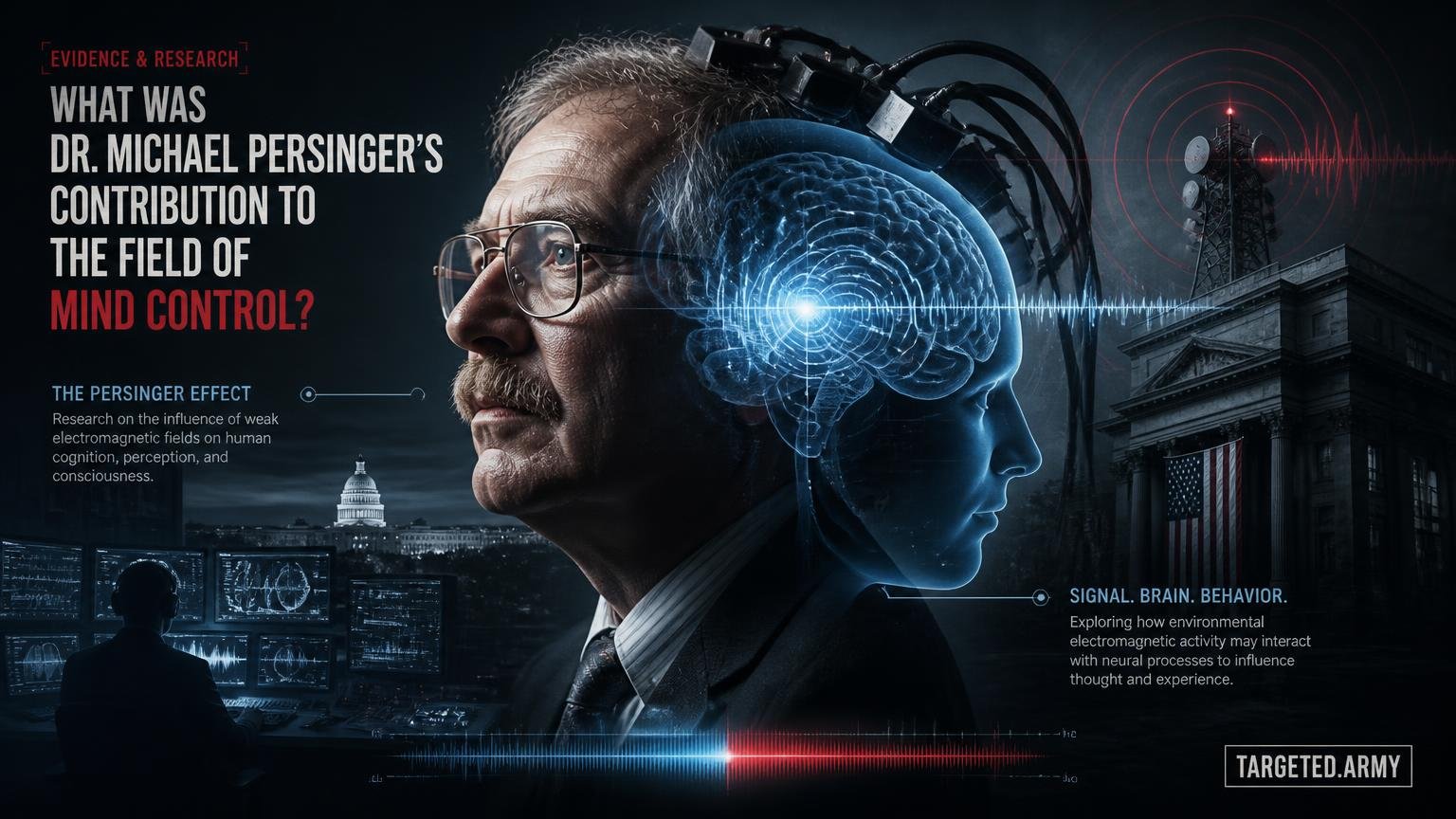A cinematic TARGETED.ARMY editorial illustration representing the question: What was Dr. Michael Persinger's contribution to the field of mind control?