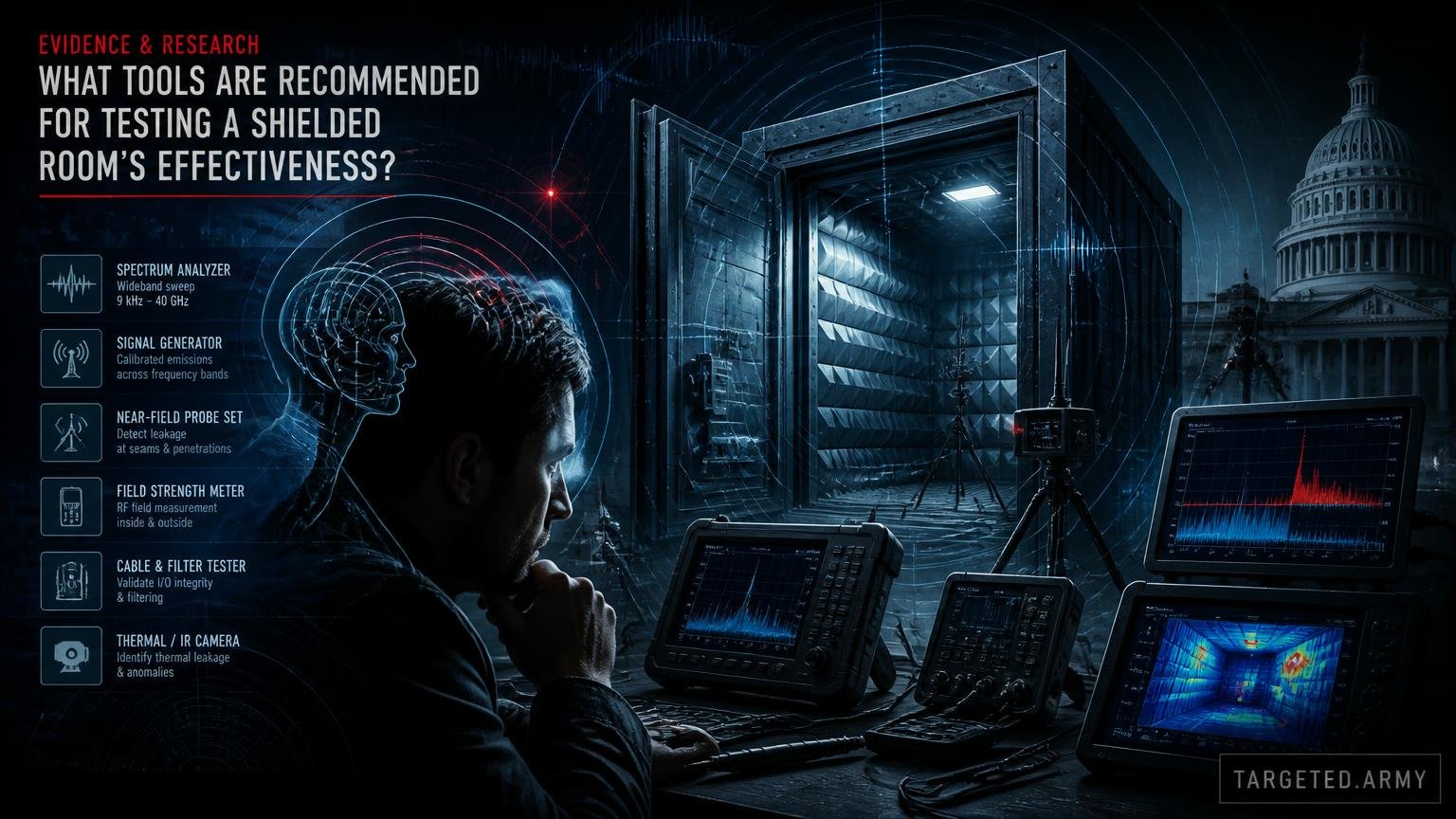 A cinematic TARGETED.ARMY editorial illustration representing the question: What tools are recommended for testing a shielded room's effectiveness?