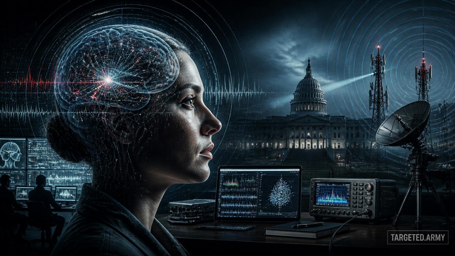 A cinematic TARGETED.ARMY editorial illustration representing the question: What research tools are available for investigating mind control and surveillance technologies?