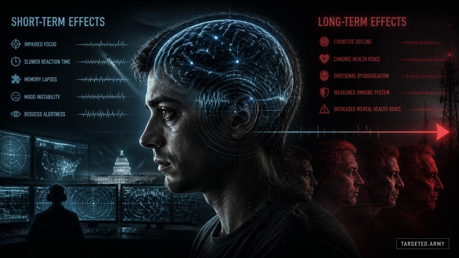 A cinematic TARGETED.ARMY editorial illustration representing the question: What are the short-term and long-term effects of sleep deprivation?