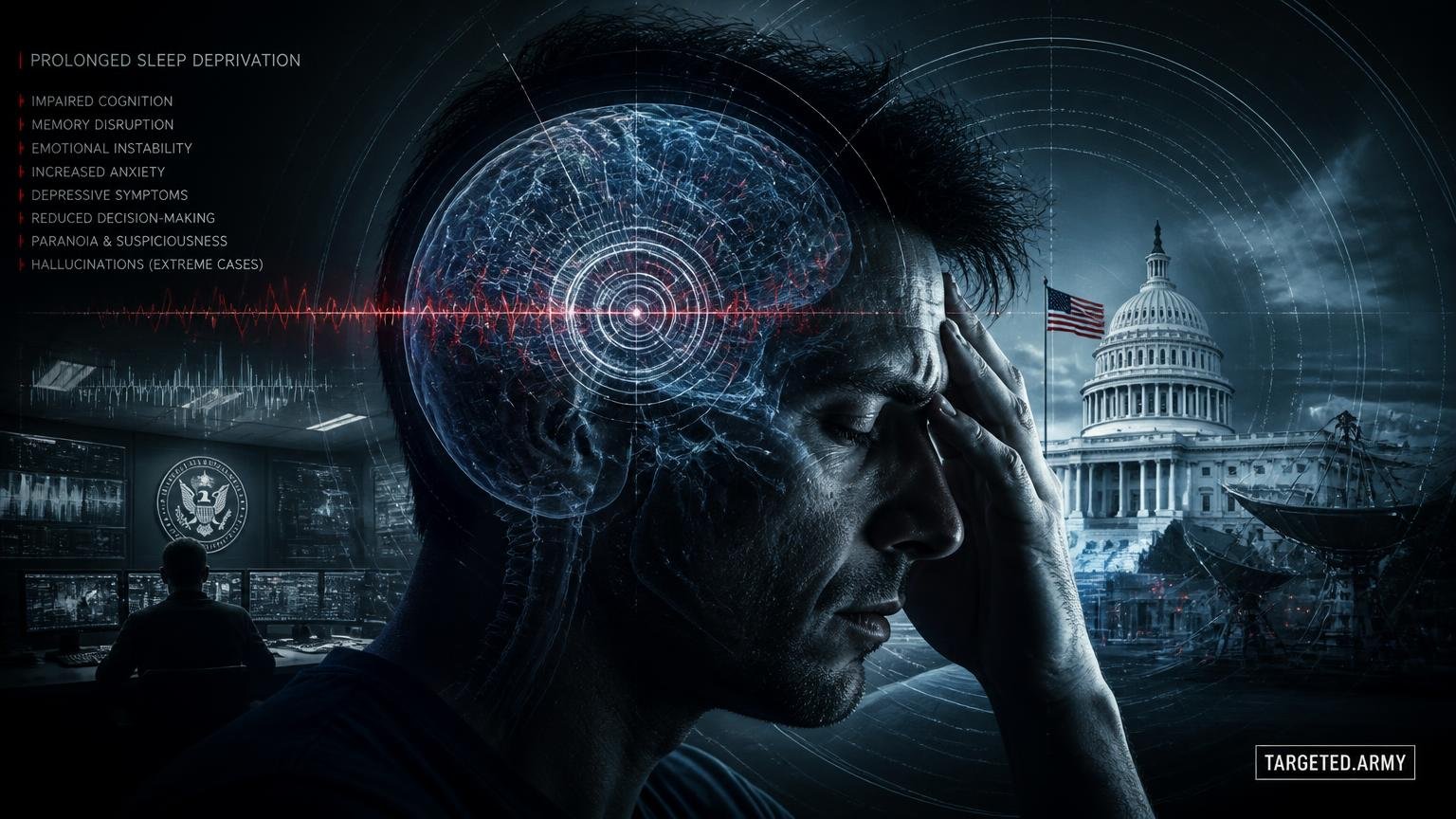 A cinematic TARGETED.ARMY editorial illustration representing the question: What are the psychological effects of prolonged sleep deprivation?