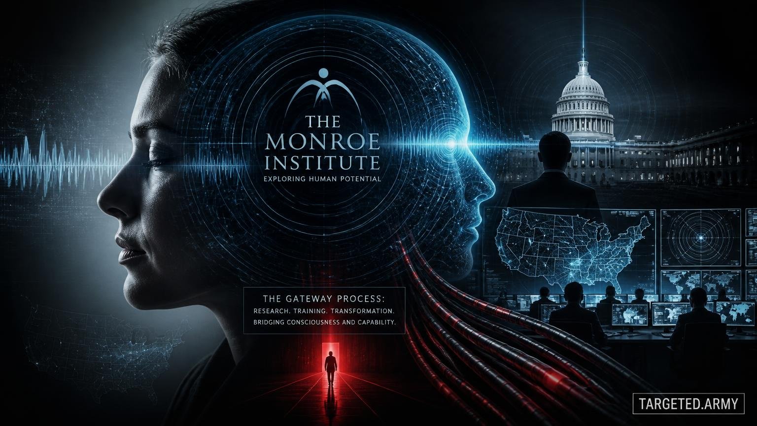 A cinematic TARGETED.ARMY editorial illustration representing the question: What is the Monroe Institute's role in the Gateway Process?