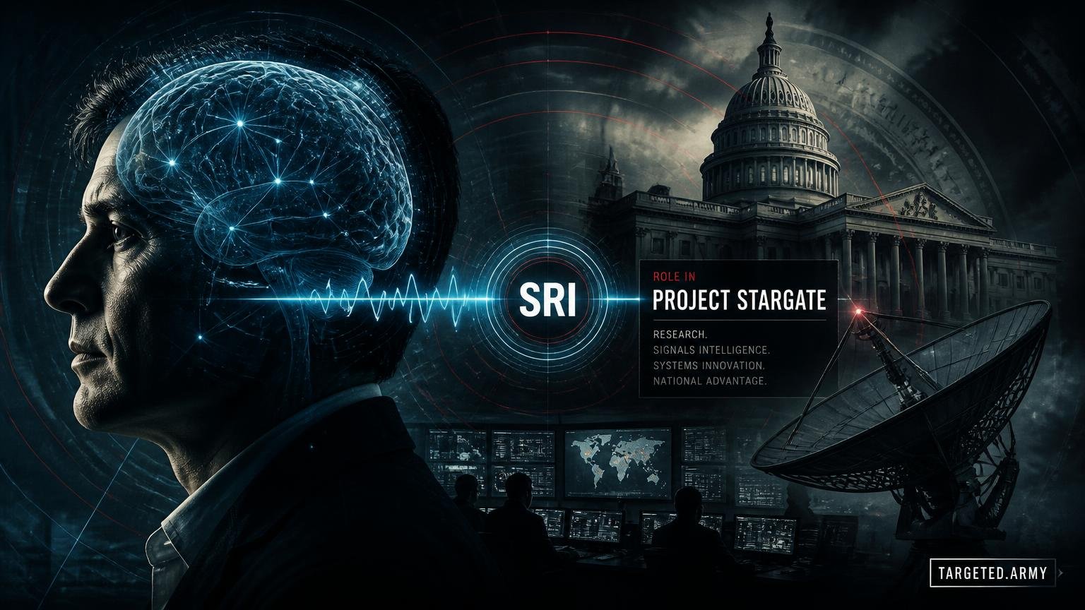 A cinematic TARGETED.ARMY editorial illustration representing the question: What is the Stanford Research Institute's role in Project Stargate?
