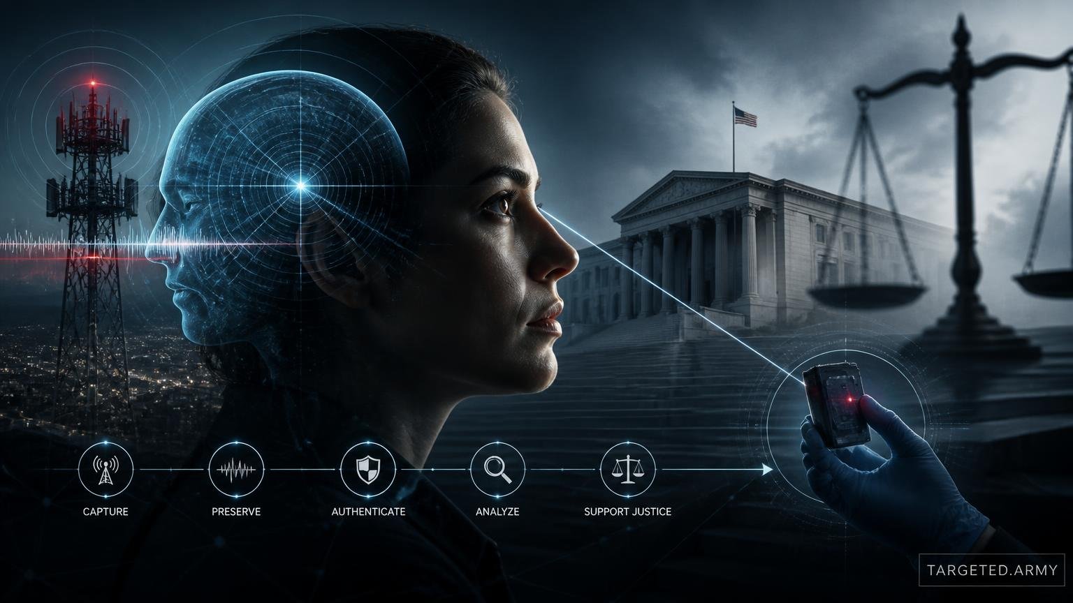 A cinematic TARGETED.ARMY editorial illustration representing the question: How can independent physical documentation help victims of targeted harassment?