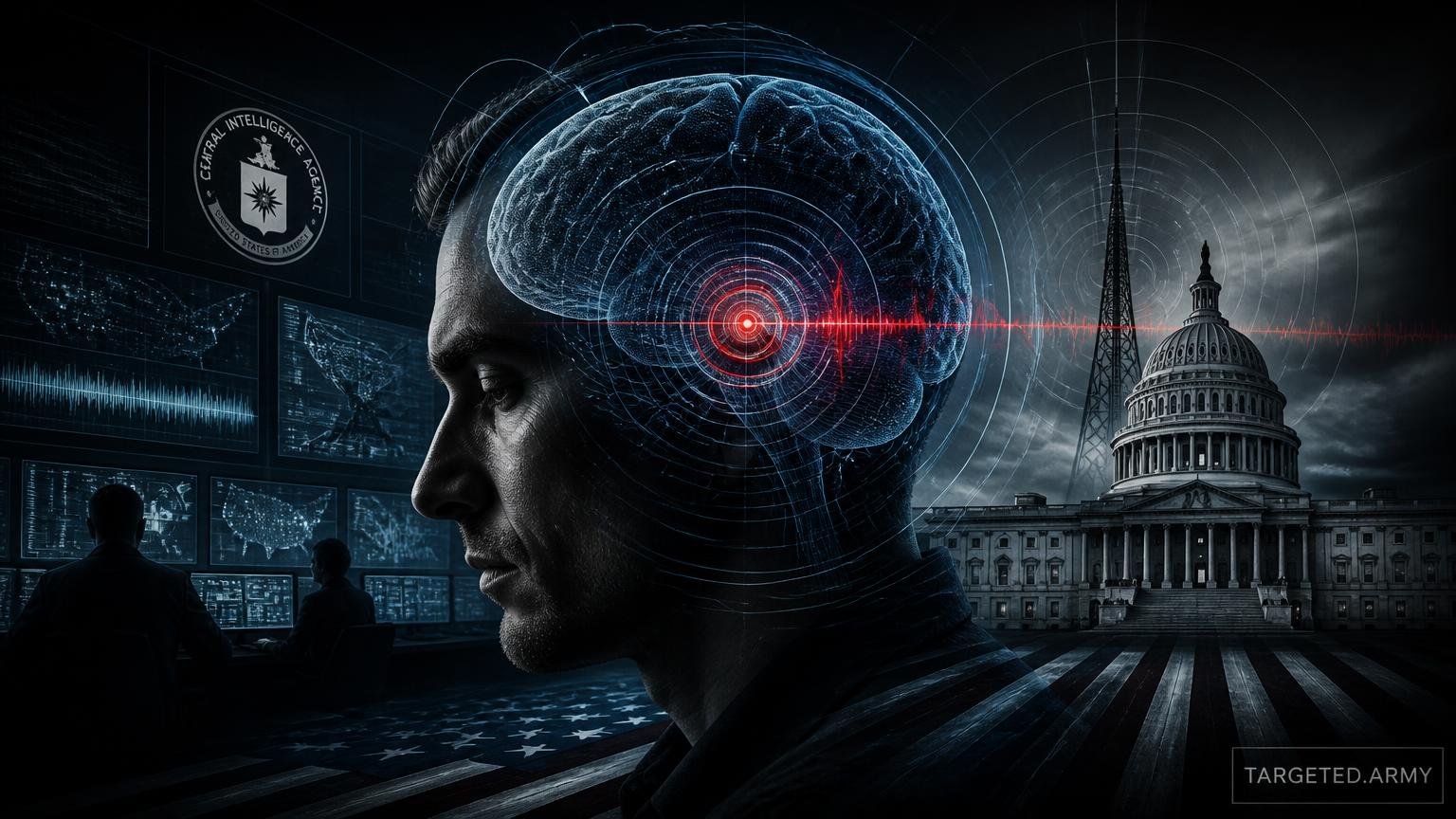 A cinematic TARGETED.ARMY editorial illustration representing the question: What is the role of the CIA in modern mind control programs?