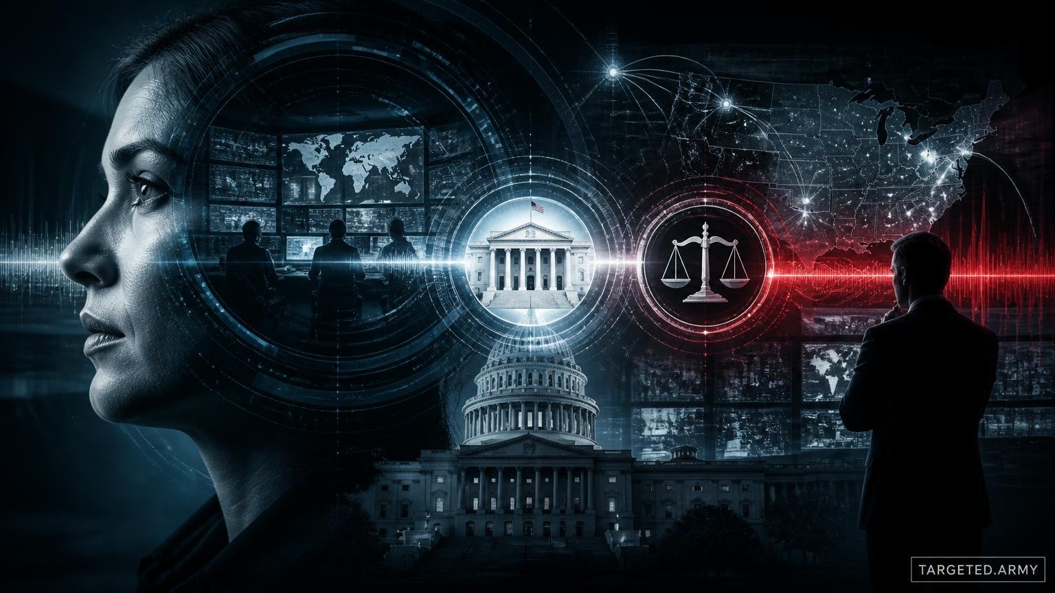 A cinematic TARGETED.ARMY editorial illustration representing the question: What is the role of the U.S. Department of Justice in overseeing FBI programs?