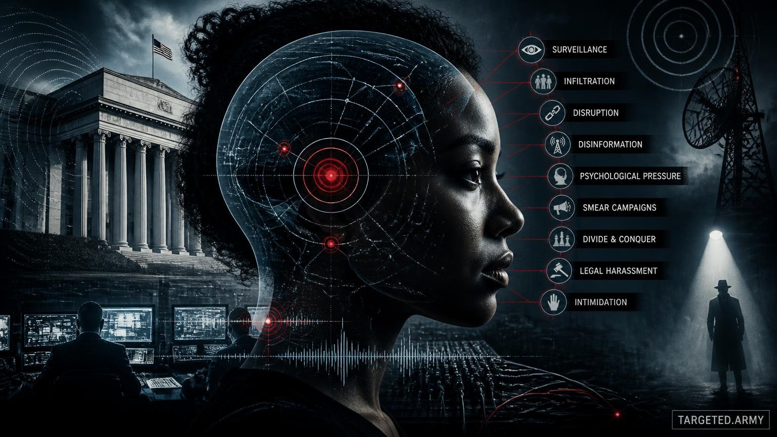 A cinematic TARGETED.ARMY editorial illustration representing the question: What tactics were used in COINTELPRO?
