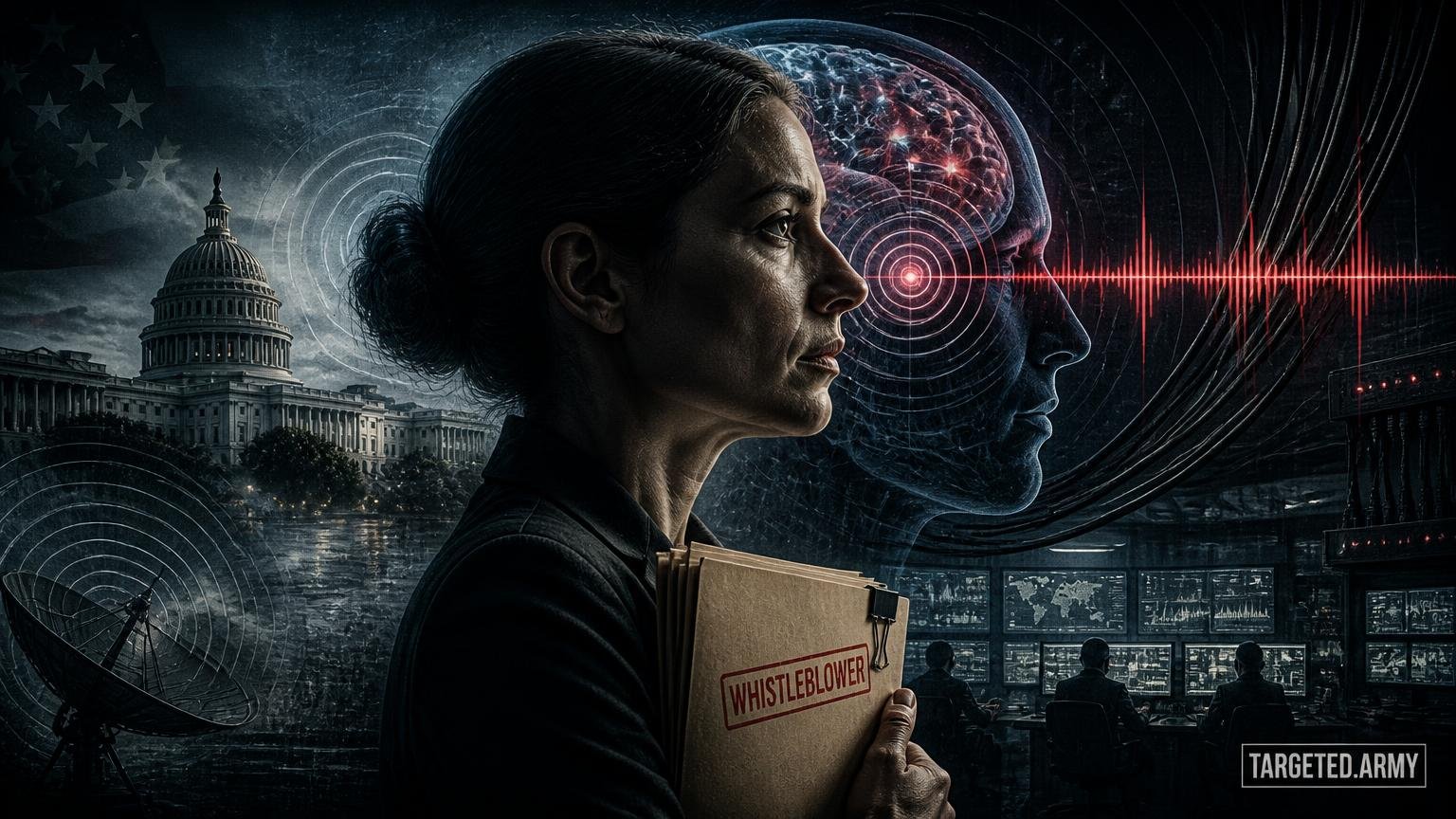 A cinematic TARGETED.ARMY editorial illustration representing the question: What is the role of civilian whistleblowers in exposing classified mind control programs?