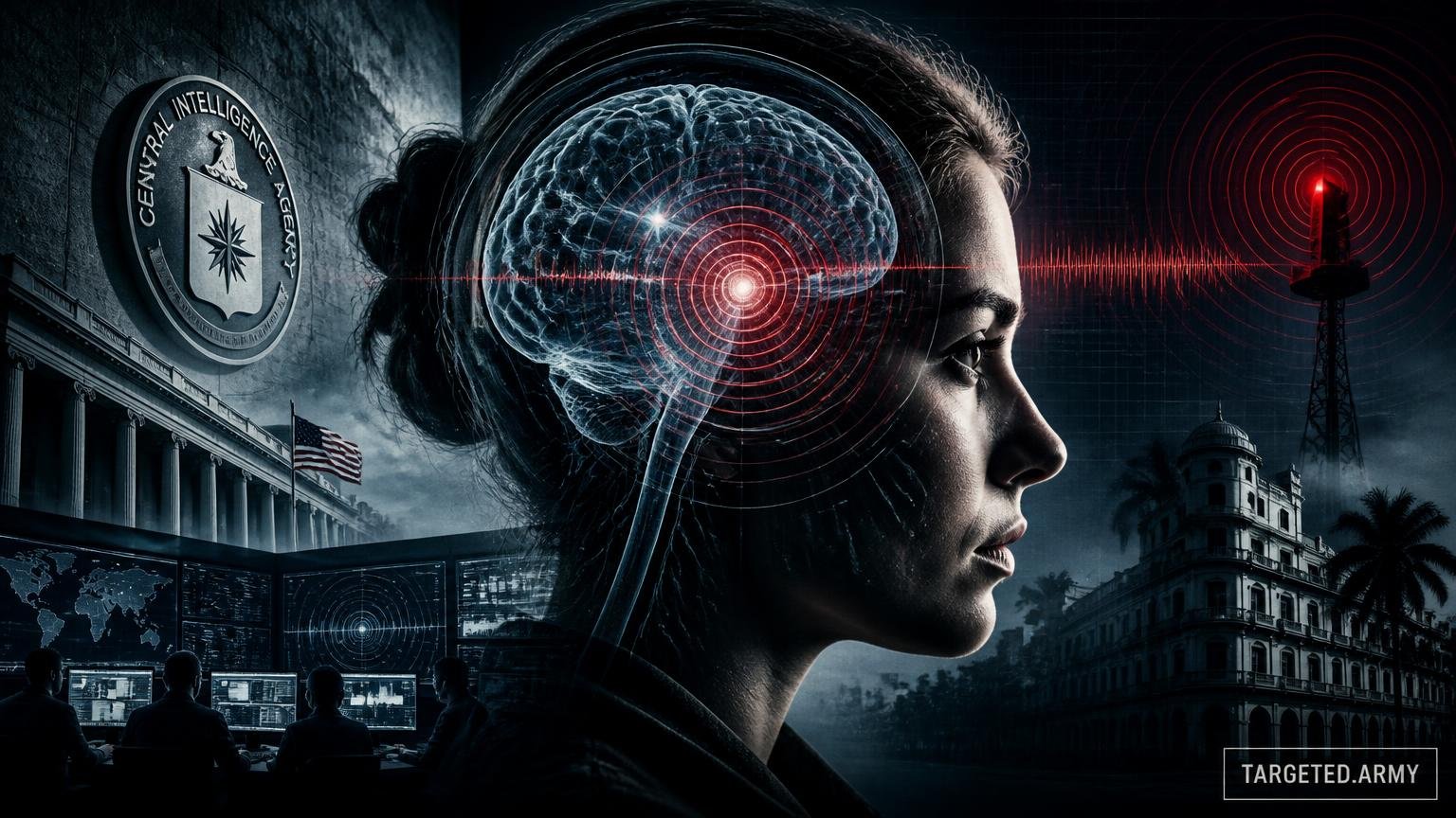 A cinematic TARGETED.ARMY editorial illustration representing the question: What was the CIA's 2022 conclusion about Havana Syndrome and why was it controversial?