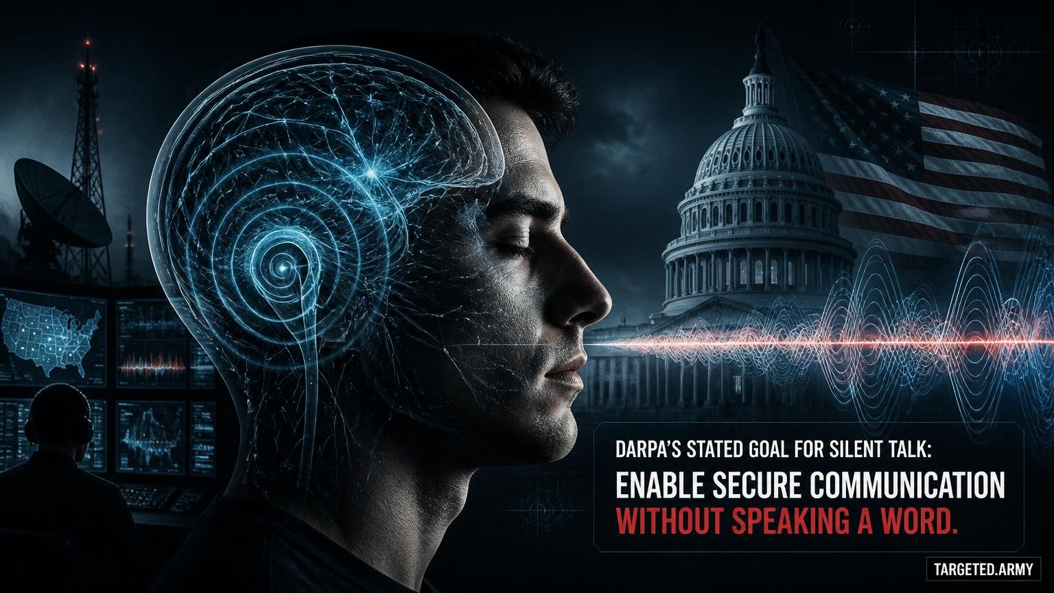 A cinematic TARGETED.ARMY editorial illustration representing the question: What is DARPA's stated goal for Silent Talk?
